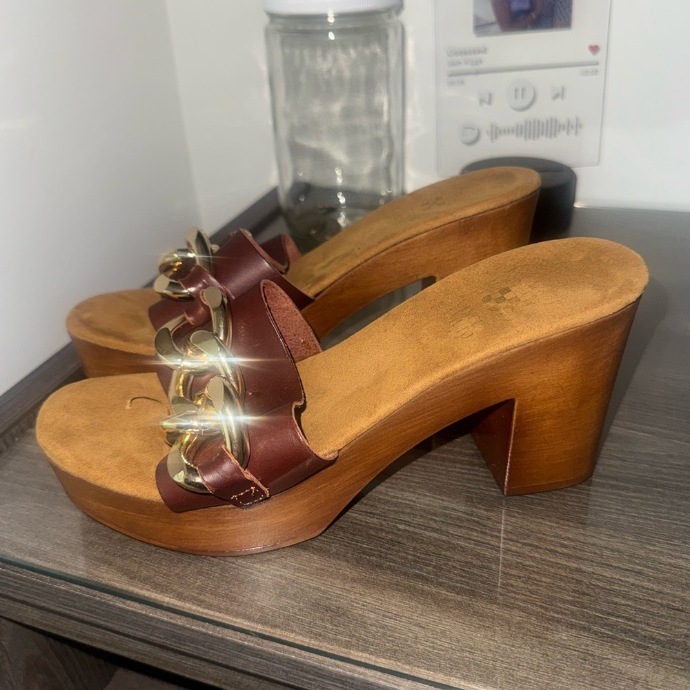 Vince Camuto Brown Leather Mules with Chunky Heel